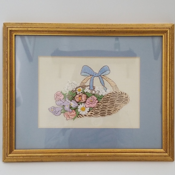 Basket Of Wildflowers Hand Made Framed Needlework - Picture 1 of 8